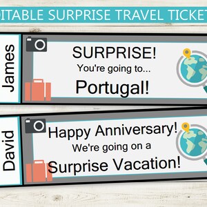 Bewerkbare PDF Surprise Travel Tickets // Adobe bewerkbare PDF // aangepaste tickets, gepersonaliseerd, aanpasbaar, cadeau-idee, verjaardag, vakantiekaart