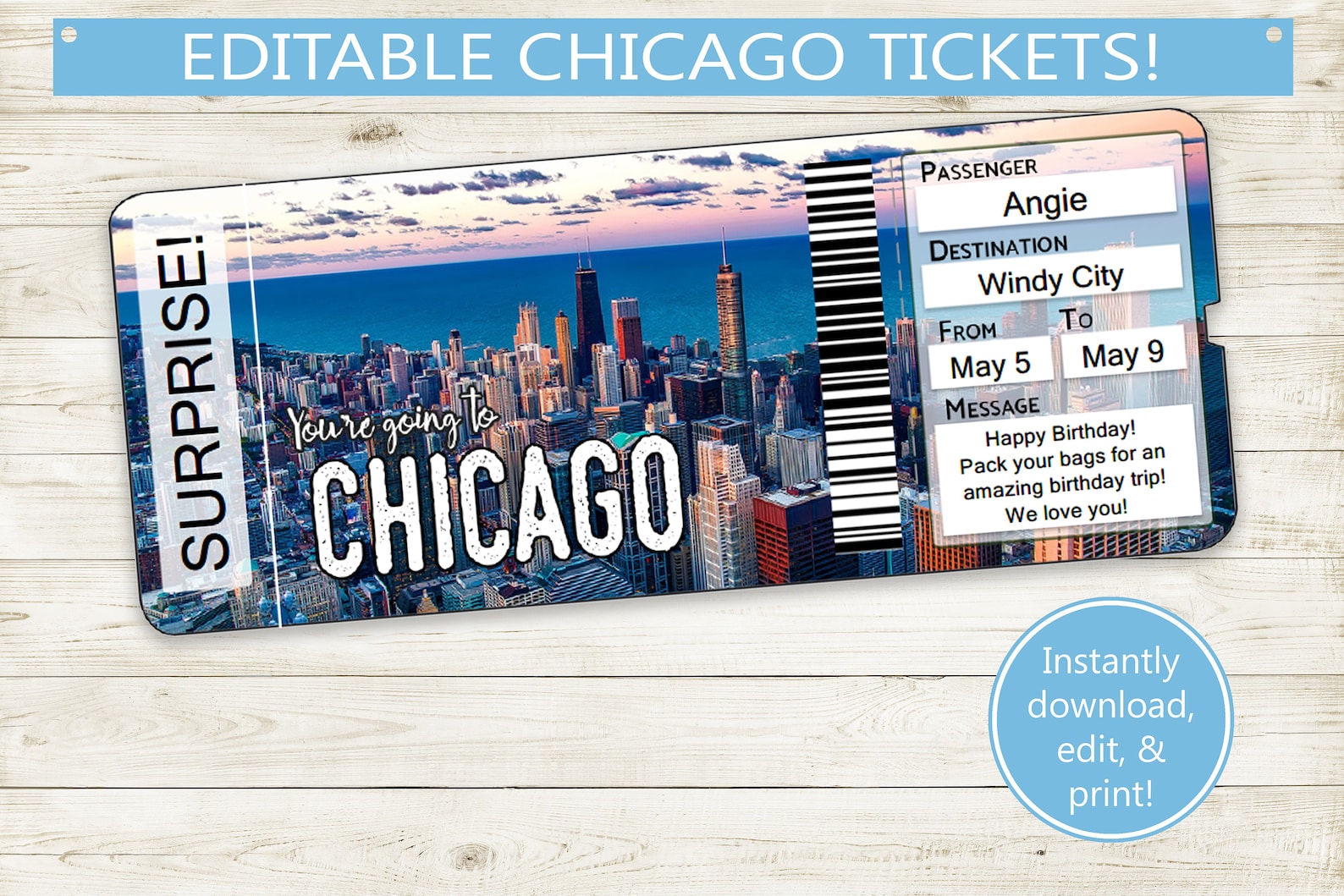 Custom Tickets to Chicago // Printable Adobe Editable PDF // Etsy