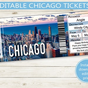 Boletos personalizados a Chicago // PDF editable en Adobe imprimible // revelación de vacaciones, sorpresa de viaje, personalización, archivo digital, regalo de tarjeta de embarque DIY