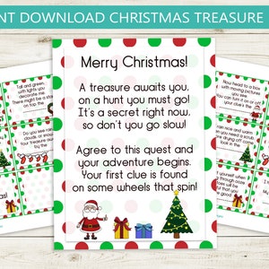 Printable Christmas Treasure Hunt Clues // instant download jpg, Santa, surprise, scavenger hunt party game birthday print file present gift