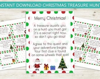 Printable Christmas Treasure Hunt Clues // instant download jpg, Santa, surprise, scavenger hunt party game birthday print file present gift