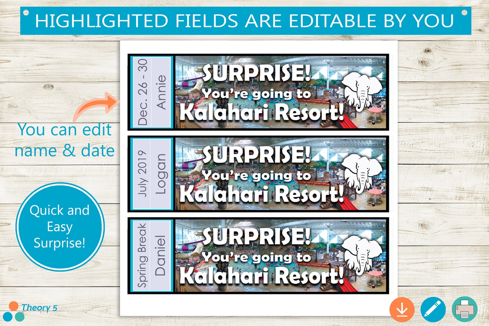 Kalahari Resort Surprise Trip Reveal Tickets // Adobe Editable Etsy