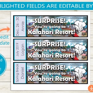Kalahari Resort Surprise Trip Reveal Tickets // Adobe Editable PDF ...