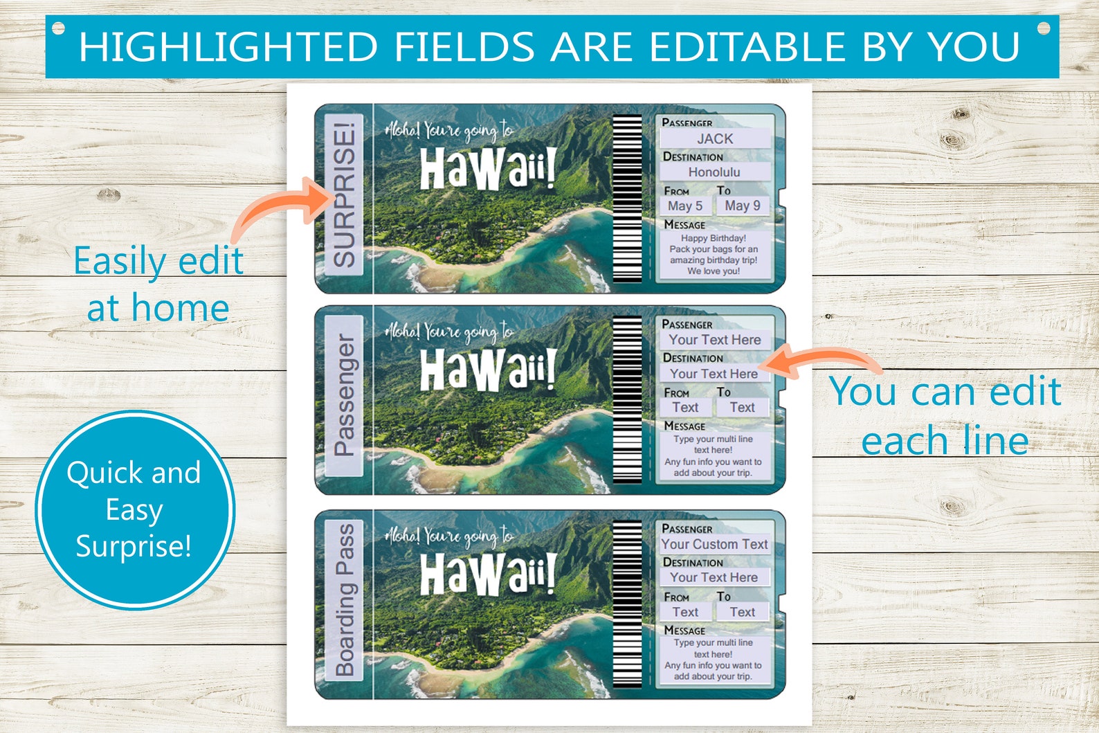 Custom Tickets to Hawaii // Printable Adobe Editable PDF // Etsy