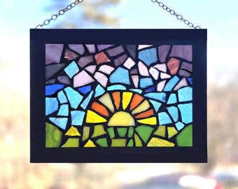 Crafts for Kids age 6-12/Teen Crafts/Garden Craft/Stained Glass Mosaic Kit/Stained Glass Art/Beginner Mosaic/Sunset or Flower Art DIY Kit