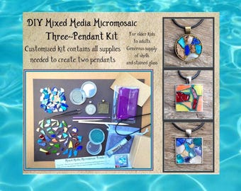 Three DIY Mixed Media Mosaic Jewelry Kits/Easy Jewelry Craft for Teens Tweens/Necklace Pendant Kit/Stained Glass Mosaic Kit/Nature Craft Kit