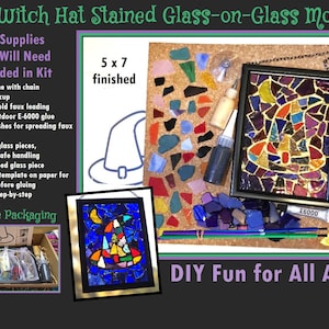 May include: A DIY witch hat stained glass-on-glass mosaic kit containing a black frame, chain, suction cup, faux leading, E-6000 glue, brushes, and assorted glass pieces. The kit includes a 5 x 7 finished project example and instructions.