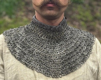Stainless Steel Chainmail Gorget: Medieval Knight&#39;s Collar, Leather Trim