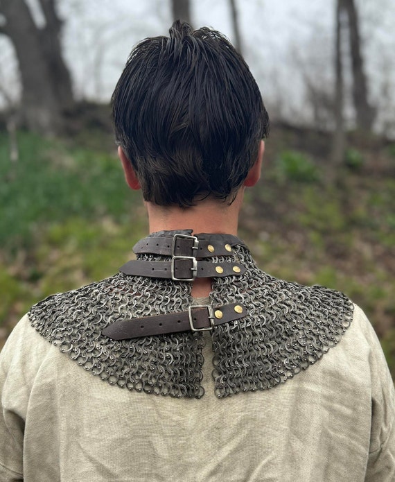 ステンレススチール製チェーンメイルの喉当て：中世騎士の首輪、革の