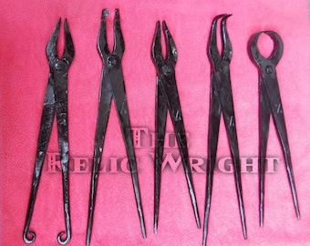 Hand Forged Blacksmith Tongs Kit: Heavy Duty Iron Forging Tools