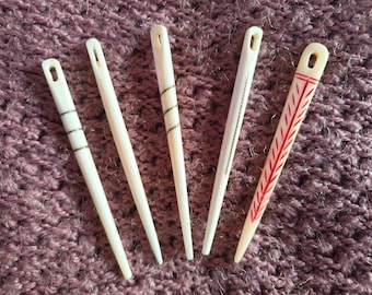 Bone Nålbinding Needle set 3.5" - Flat Line And  Carved , Brass attached