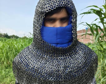 Stainless Steel Chainmail Coif: 9mm Riveted Rings, Medieval Combat Hood