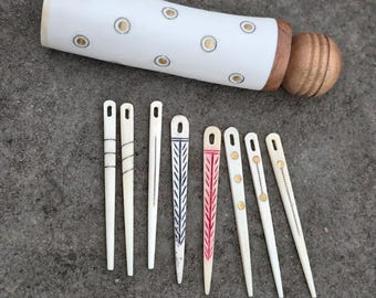 Bone Needle Holder with needles/  brass attach  / Bottle with Wooden Cap : Medieval Viking Accessory / knitting lover / nalbinding needle