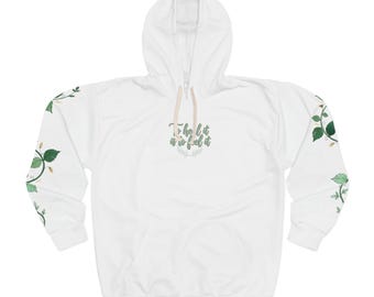 Biała bluza z kapturem w kwiaty — minimalistyczny sweter z motywem botanicznym „To Be Loved”
