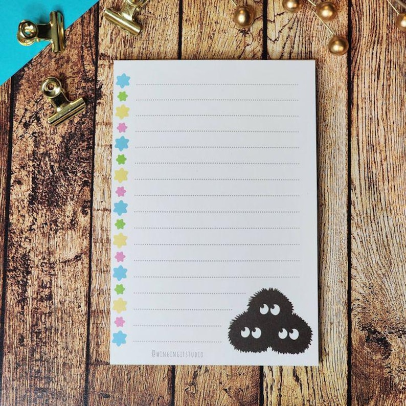 Soot sprite notepad inspired by Studio Ghibli. Konpeito candy as the To-Do list and soot sprite on the bottom right.