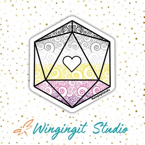 May include: A sticker featuring a non-binary pride flag design in the shape of a D20 die. The die has a black outline with a white heart in the center. The design includes gray, yellow, and pink swirls. The sticker has the text "@wingingitstudio".