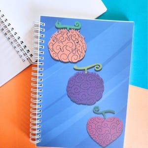 Könnte beinhalten: Blaues Spiralnotizbuch mit Illustrationen von drei bunten Früchten. Die Früchte sind orange, lila und rosa, jede mit grünen Stielen. Das Notizbuch ist offen und zeigt die weiße Spiralbindung und die Seiten.