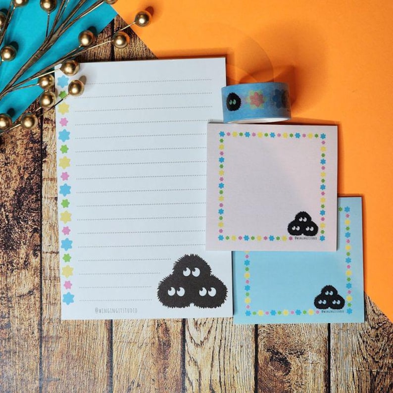 Soot sprite stationery set inspired by Studio Ghibli including notepad, sticky notes, and washi tape. Konpeito candy as the To-Do list or border around the sticky notes.