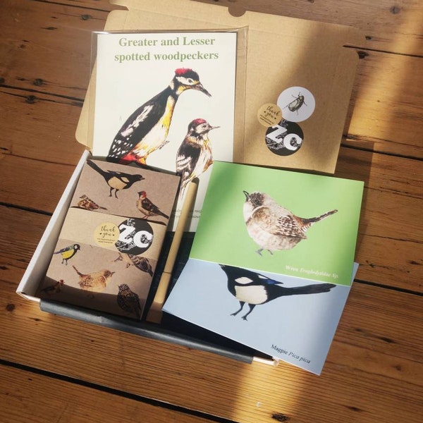 Sustainable care package bird lovers, print, postcards, notebook gift box, sustainable gift sets,  gifts her, Christmas eco-friendly gifts