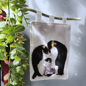 Hand embroidered penguin wall hanging / hand embroidered / hand embroidered wall decor / sustainable homeware / sustainable wall hanging