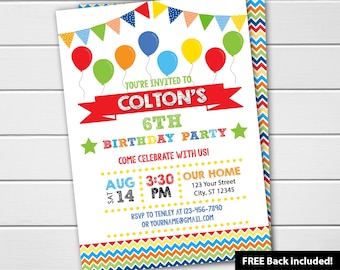 EDITABLE Bright Colored Balloons Invitations Digital Printable DIY Birthday Invitations