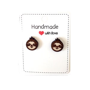 Sloth Stud Earrings, Gift for Sloth Lover, Wood Earrings, Laser Cut Engraved, Sloth Jewelry, Handmade Wood Jewelry, BFF, Child Earrings