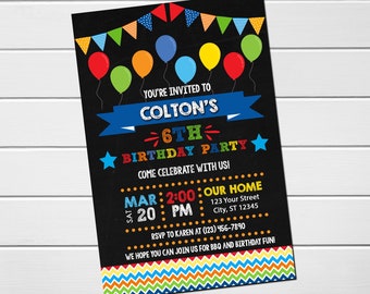 EDITABLE Primary Colored Balloons Invitations Digital Printable DIY Birthday Invitations