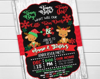EDITABLE Reindeer Christmas Twins Gender Reveal Invitations Digital Printable DIY Baby Shower Invitations for Twins