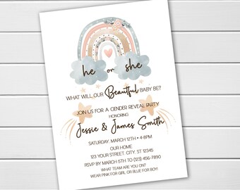 PRINTED Boho Rainbow Neutral Gender Reveal Invitations, Baby Shower Invitations, Printed with Envelopes