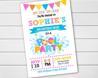 PRINTED Pool Party Invitations Girl Birthday Party Tween Birthday Theme