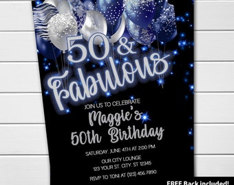 EDITABLE 50 and Fabulous Navy Blue and Silver with Balloons 50th Birthday Party Invitations Digital Printable DIY Birthday Invitations