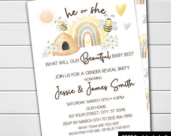 EDITABLE Boho Bee Neutral Gender Reveal Invitations Digital Printable DIY Bumble Bee Rainbow Baby Shower Invitations