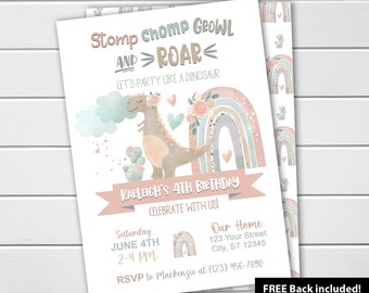 EDITABLE Boho Rainbow Girl Dinosaur Birthday Party Invitations Digital Printable DIY Dinosaur Rainbow Party, Girl Birthday Party