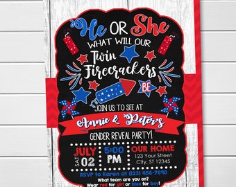 EDITABLE Twins Little Firecracker 4th of July Patriotic Gender Reveal Invitations Digital Printable DIY Baby Shower Invitations