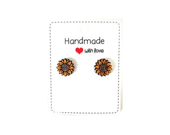 Sunflower Earrings, Wood Stud Earrings, Easter Basket gift, Laser Cut Engraved, Handmade Wood Jewelry, Hand Painted, Trendy, Novelty