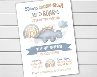 PRINTED Boho Rainbow Boy Dinosaur Birthday Party Invitations Printed Dinosaur Rainbow Party, Boy Birthday Party