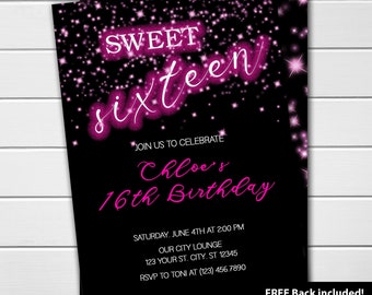 EDITABLE Hot Pink Sweet Sixteen Birthday Party Invitations Digital Printable DIY Sparkle Birthday Invitations