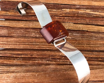 Baltic Amber Sterling Bracelet Bangle 7" Cognac 925 Silver Vintage Poland Polish Honey Jewelry Christmas Birthday Mother's Anniversary Gift