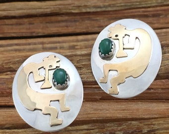 12K Kokopelli Sterling Earrings Malachite Native Gold 925 Silver Vintage Jewelry Southwestern American Tribal Birthday Gift Boho Christmas