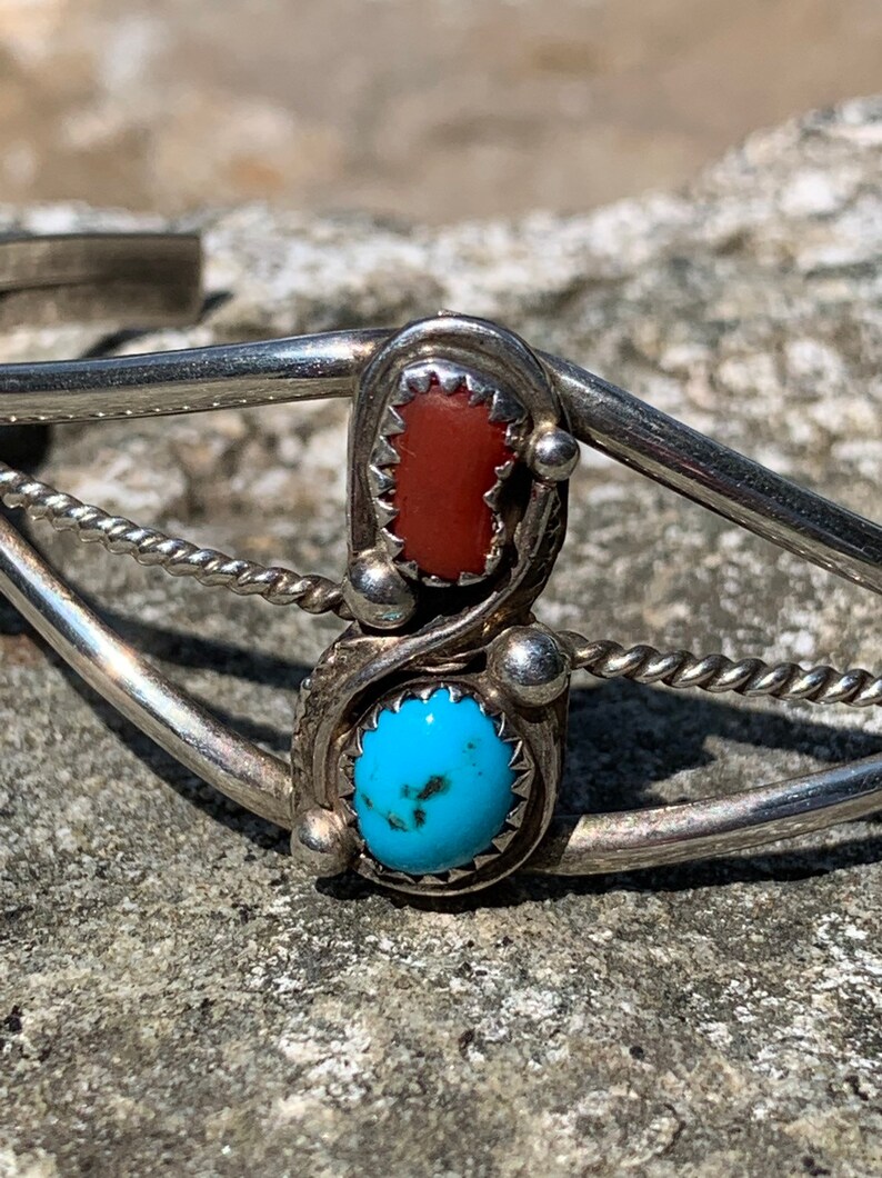 ON SALE Navajo Turquoise Red Coral Sterling Cuff Bracelet 925 Silver Flower Leaf Vintage Jewelry Southwestern Tribal Native Birthday Christm