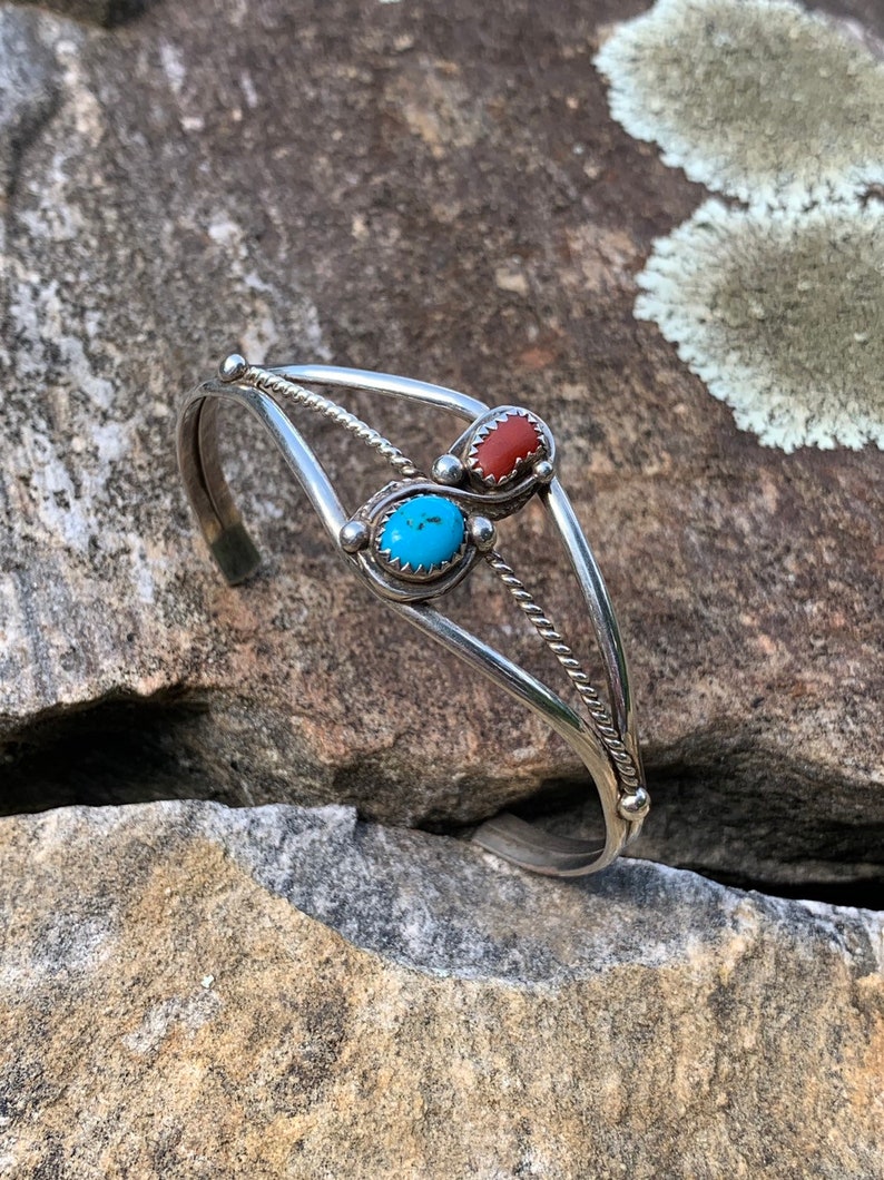 ON SALE Navajo Turquoise Red Coral Sterling Cuff Bracelet 925 Silver Flower Leaf Vintage Jewelry Southwestern Tribal Native Birthday Christm