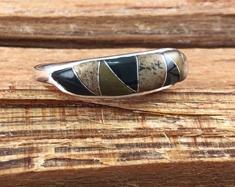 Multi Stone Sterling Ring Sz 5 6 7 8 9 10 11 Tiger's Eye Jasper Onyx Unisex Men's 925 Silver Band Vintage Jewelry Southwestern Tribal Boho