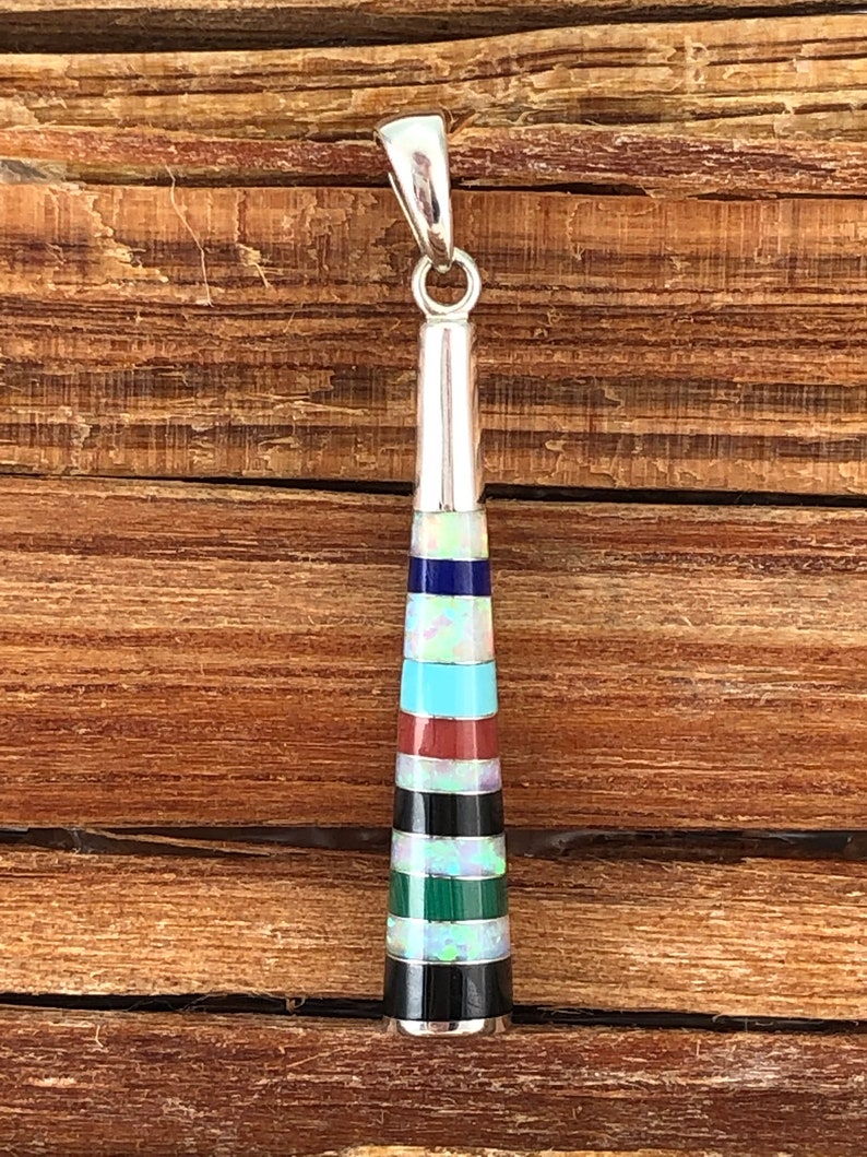 Navajo Sleeping Beauty Turquoise Opal Sterling Pendant Lapis Malachite Spiny Oyster Onyx Multi Stone 925 Silver Vintage Jewelry Native Gift