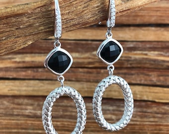 Charles Garnier Sterling Onyx CZ Oval Mesh Earrings Paris 925 Silver Diamond 2" Drop Prom Vintage Jewelry Birthday Boho Gift Mom Christmas