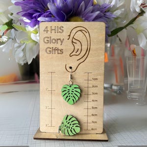 Green Monstera Leaf Earrings Lightweight Wooden Tropical Dangle Jewelry