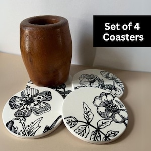 Ceramic Coasters Black Floral Design Elegant Drink Coasters Rustic Decor Handmade Housewarming Gift Coffee Black White Table Decor Set of 4