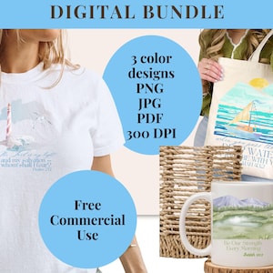 Könnte beinhalten: Ein digitales Paket mit drei Aquarell-Designs auf einem weißen T-Shirt, einer Stofftasche und einer weißen Keramiktasse. Die Motive zeigen einen Leuchtturm, ein Segelboot auf dem Wasser und eine Berglandschaft mit religiösem Text.