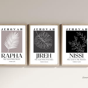 Set of 3 Black Minimalist Bible Wall Art, Jehovah Jireh Rapha Nissi Wall Art, Christian Wall Art, Hebrew Name of God, Printable Wall Decor