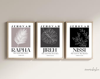 Set of 3 Black Minimalist Bible Wall Art, Jehovah Jireh Rapha Nissi Wall Art, Christian Wall Art, Hebrew Name of God, Printable Wall Decor