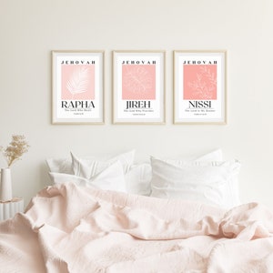 Set of 3 Pink Minimalist Bible Wall Art, Jehovah Jireh Rapha Nissi Wall Art, Christian Wall Art, Hebrew Name of God, Printable Wall Decor